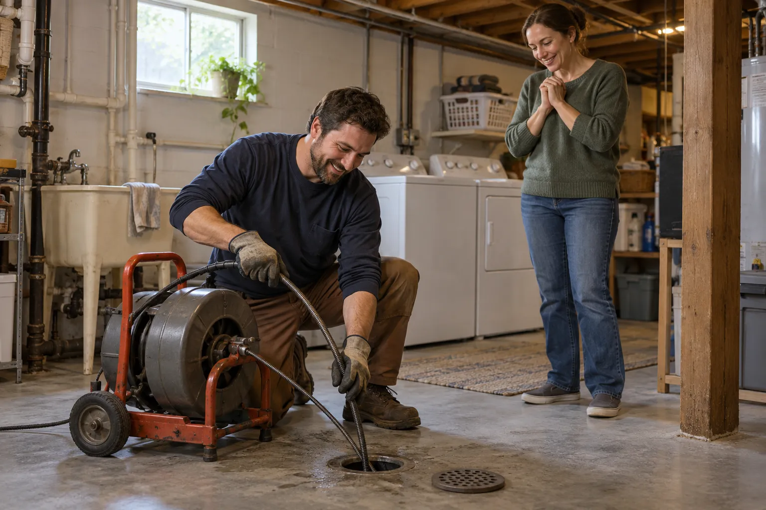 A friendly local provider clearing a blocked drain in a Mentor home
