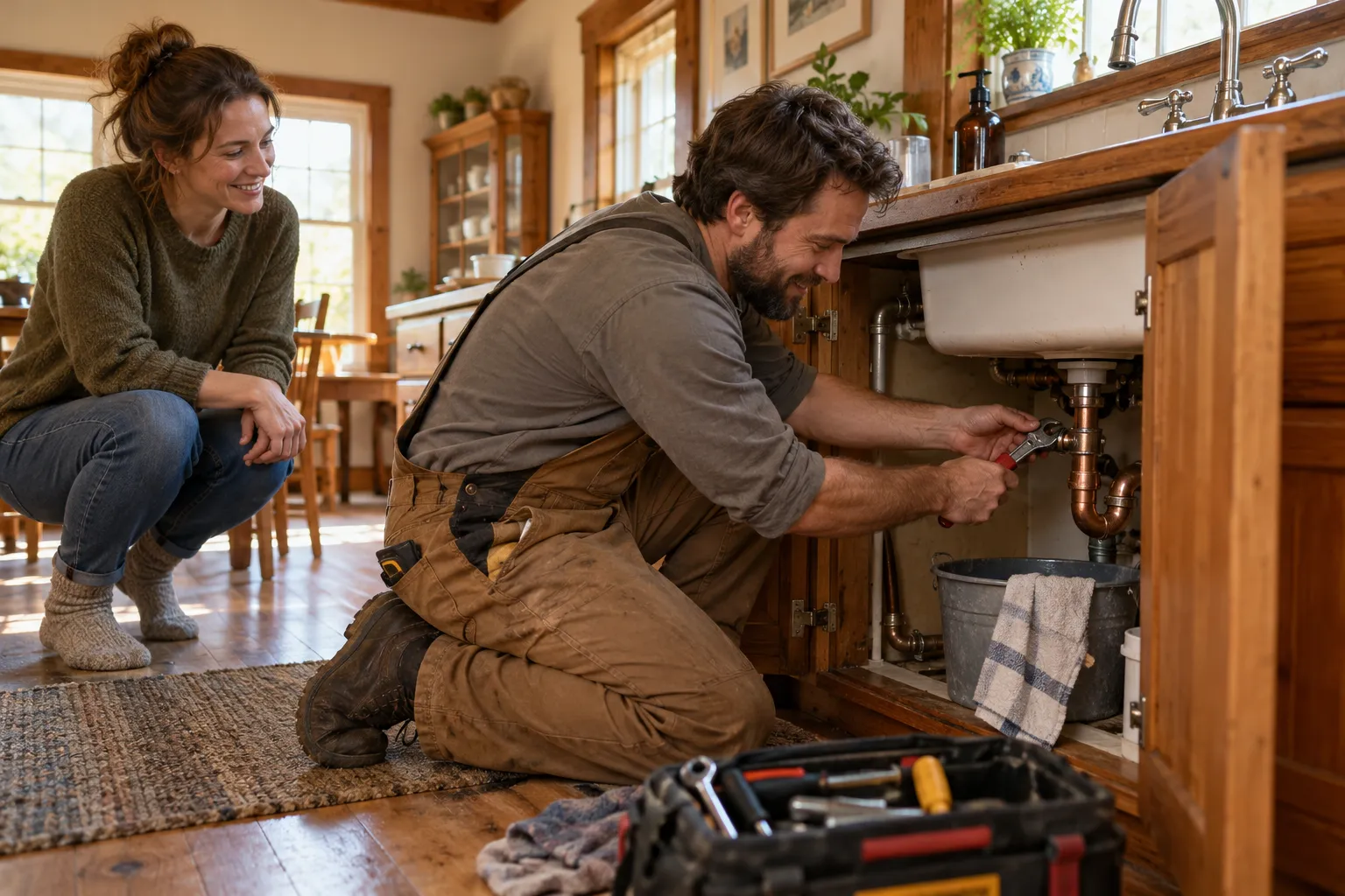 Friendly local plumber checking a pipe under a kitchen sink with a homeowner in Mentor